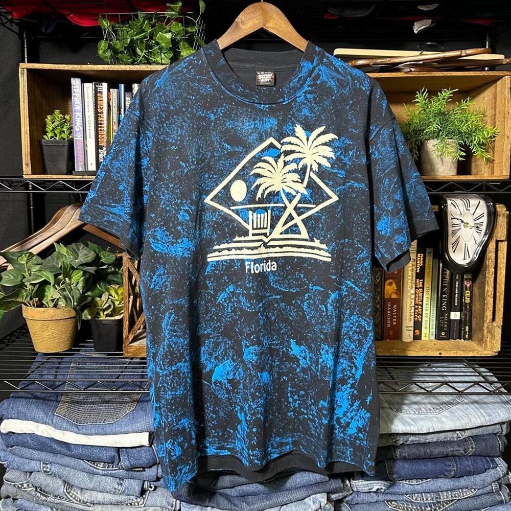Vintage 90s Single Stitch Florida Tie Dye AOP Tee XL Black Blue Ocean Surf Shirt